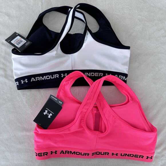 Under Armour Sports Bra Lot Women 2X Cross Back Mid Print Black Pink Compression - Picture 2 of 10